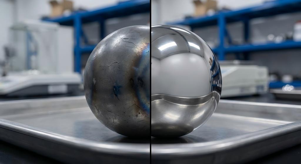 Side-by-side comparison of a failed GCr15 bearing ball versus a durable S2 tool steel ball after high-temperature testing