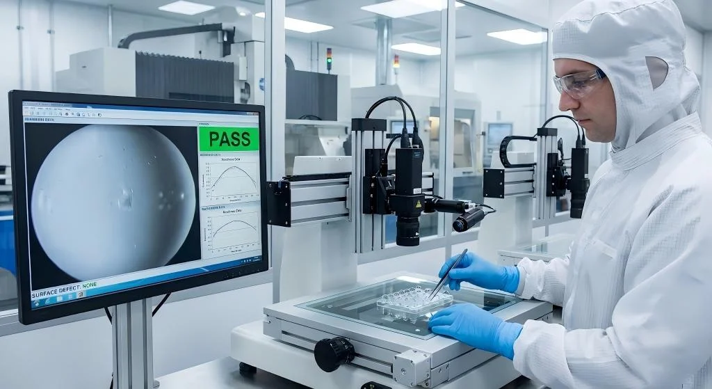 Quality control inspector using automated optical inspection equipment to verify dimensional precision of glass balls in the factory.