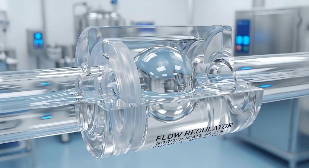 Close-up of a borosilicate glass ball acting as a precision check valve component inside medical fluid handling equipment