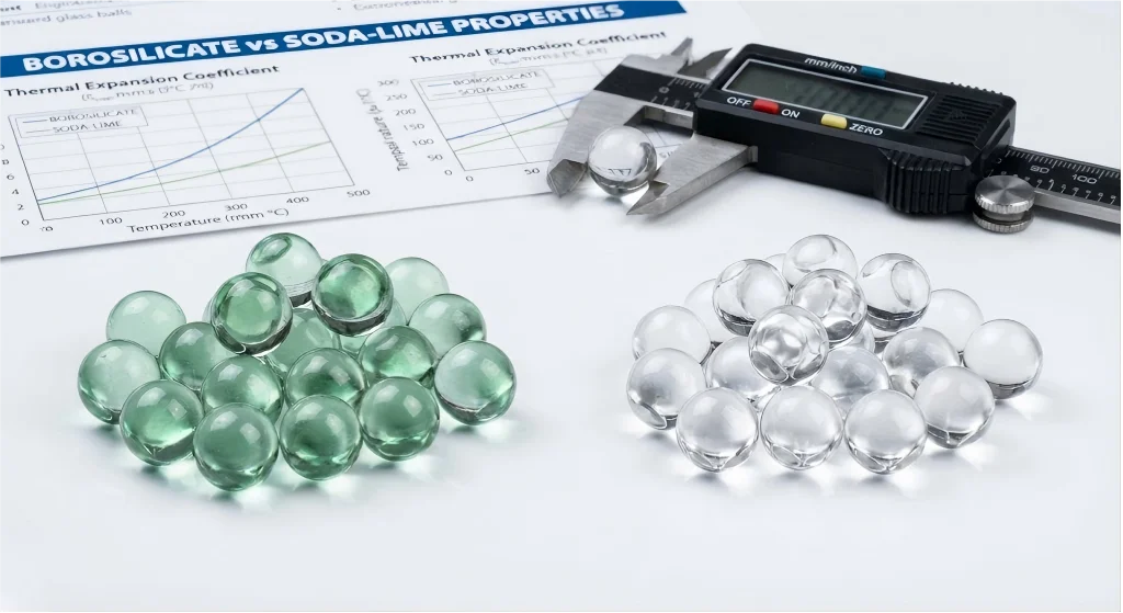 Side-by-side visual comparison of standard soda-lime glass spheres and high-purity borosilicate glass balls on a lab surface