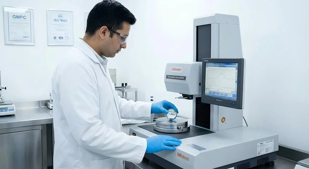 Quality control process using a roundness tester to verify glass ball sphericity in a GMPC certified facility.