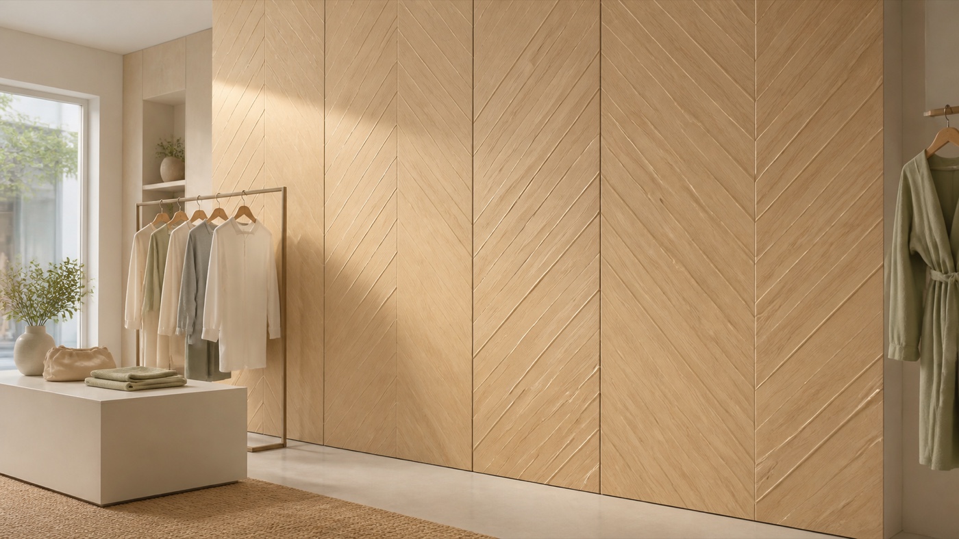 Pale oak chevron wood-look wall panels in a contemporary boutique