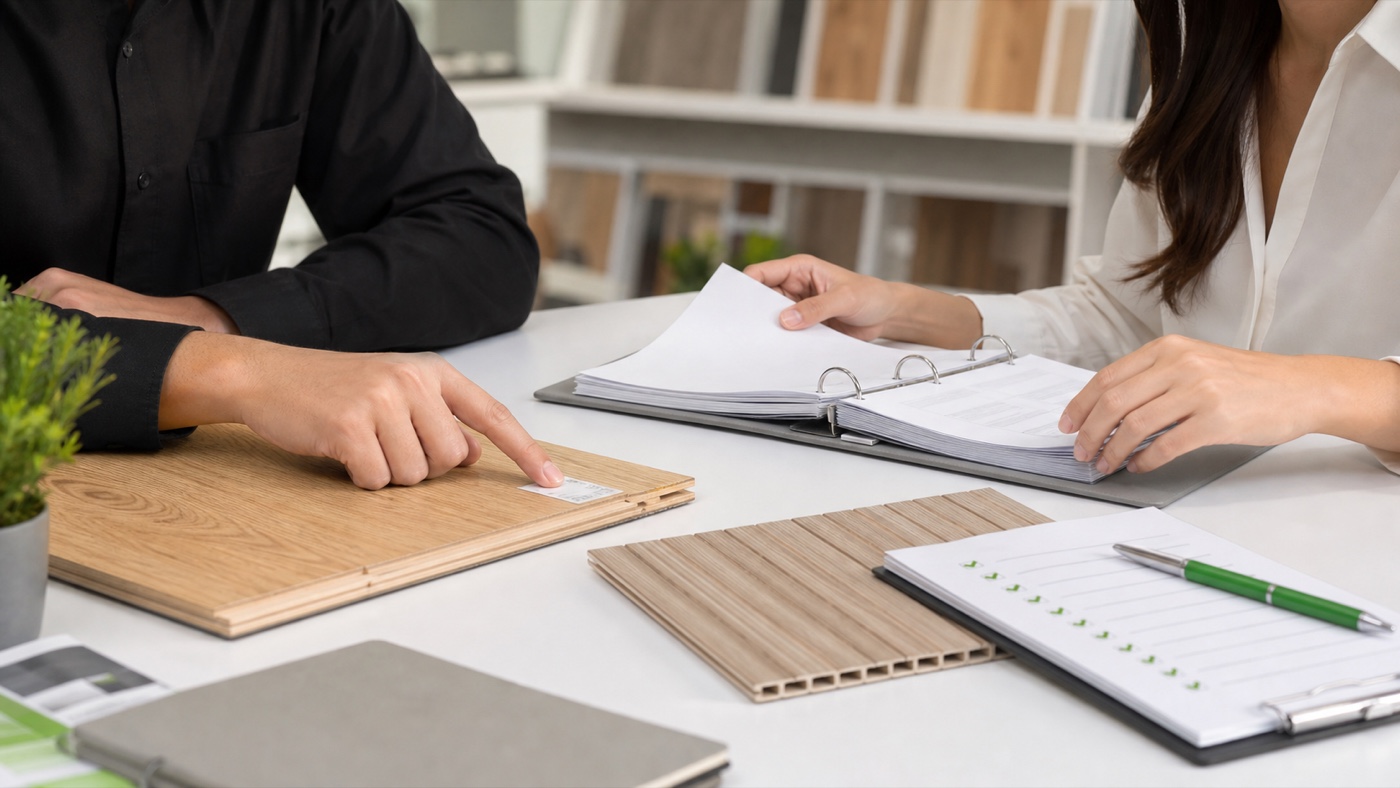 Procurement and quality professionals matching wood-look material samples with supporting documents