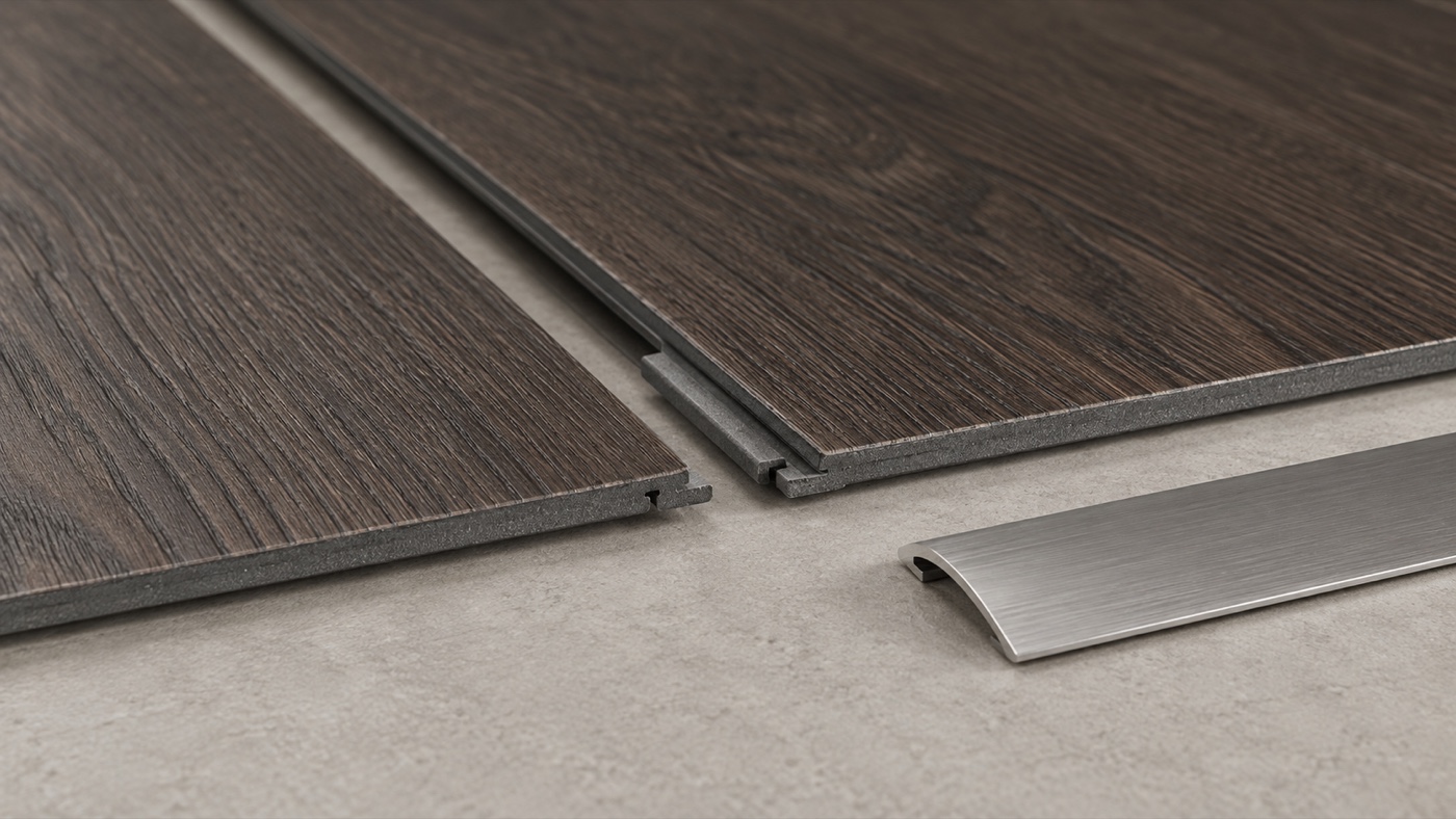 Close view of the slim edge and click profile of espresso-oak PP flooring