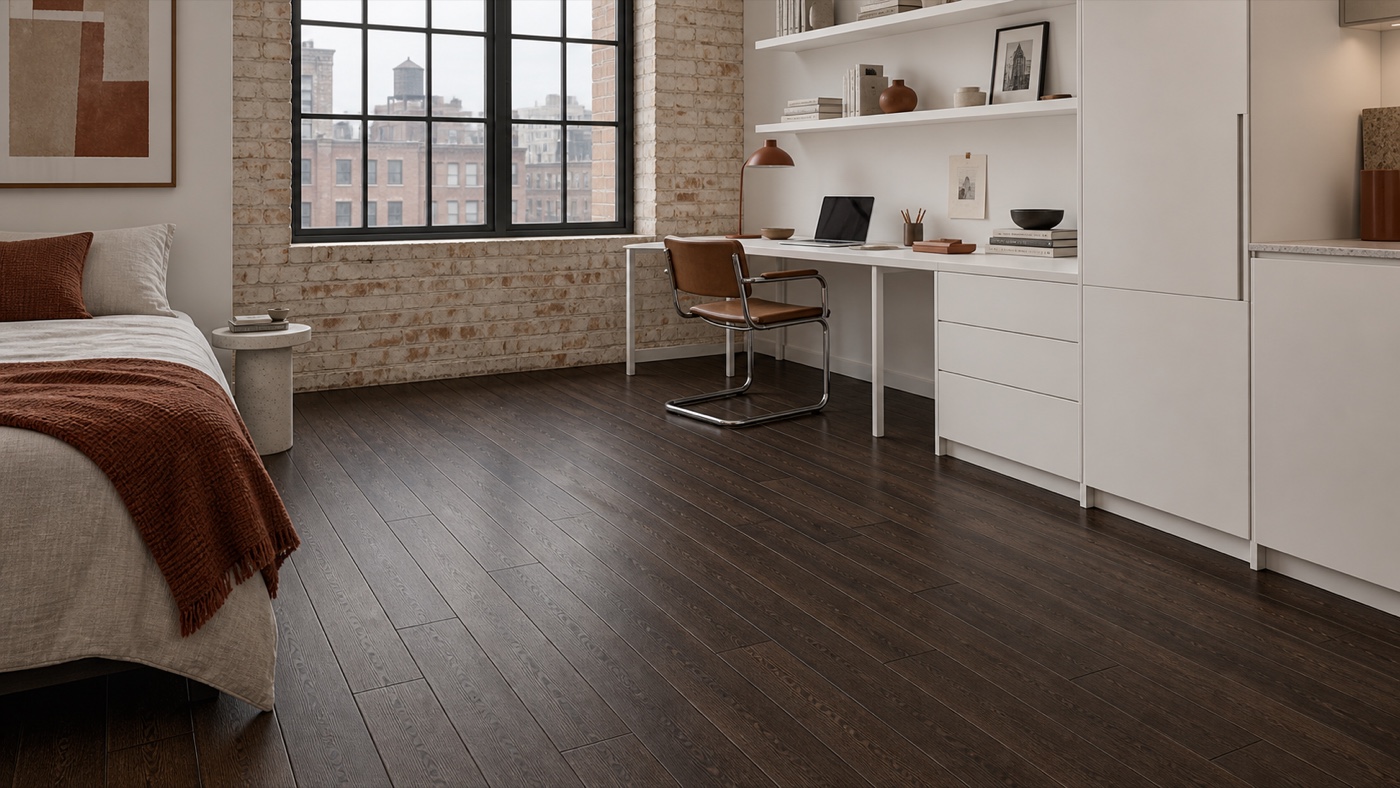 Espresso-oak slimline flooring in a renovated compact design studio