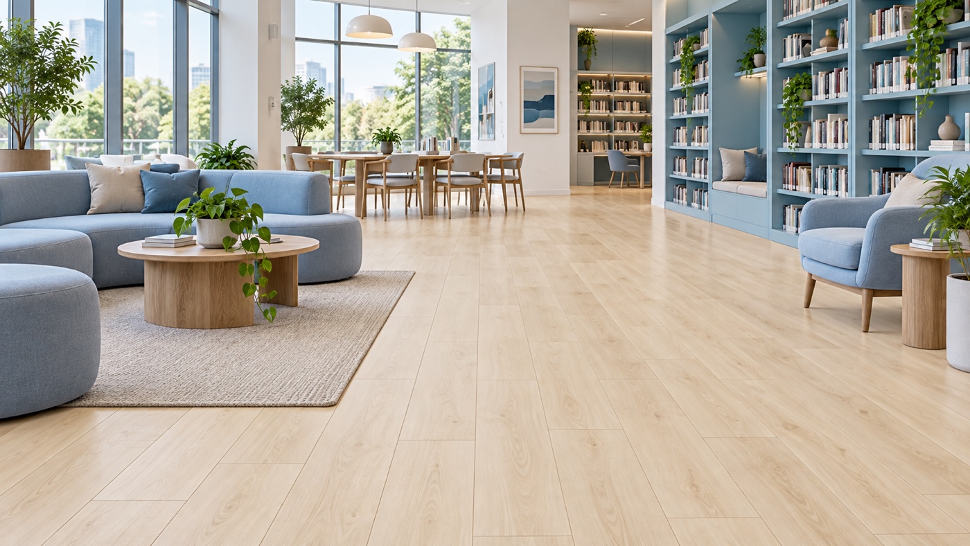 Natural-maple PP click flooring in a bright community library