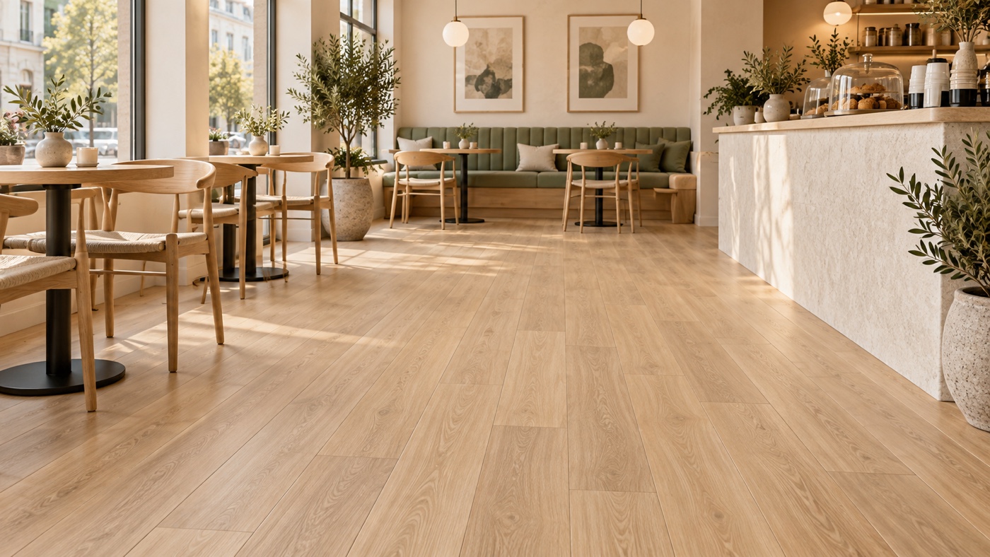 Honey-ash narrow-plank PP click flooring in a contemporary cafe