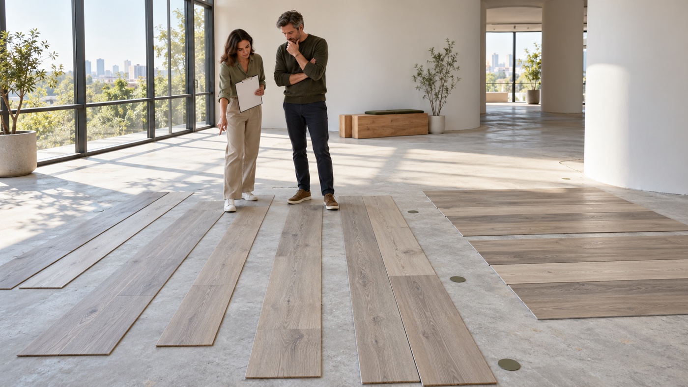 Design team reviewing plank widths and installation directions in a commercial interior