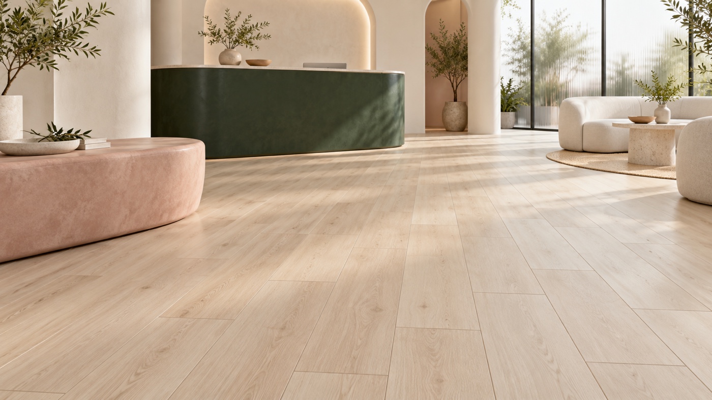 Washed-beech random-length PP click flooring in a wellness reception space