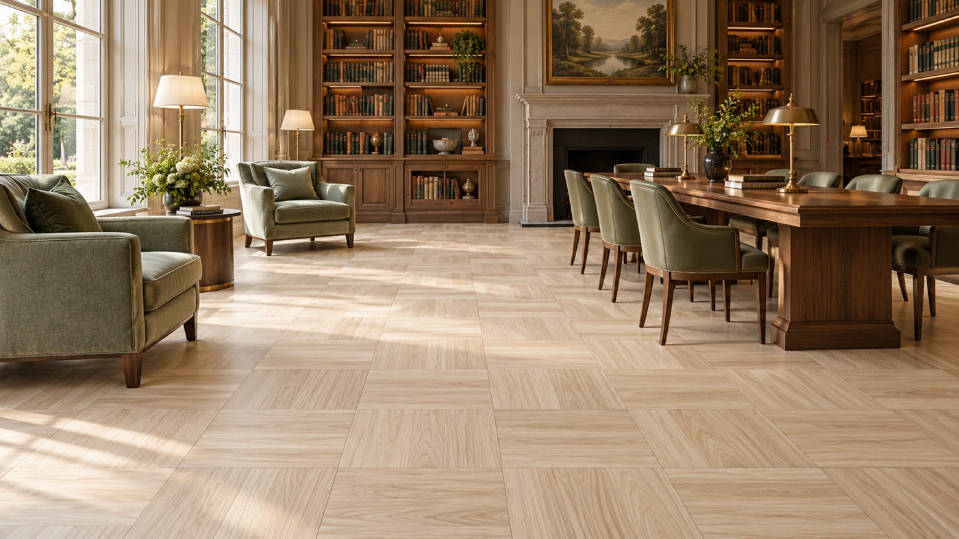 AI concept of elm-look flooring in a private library reading room