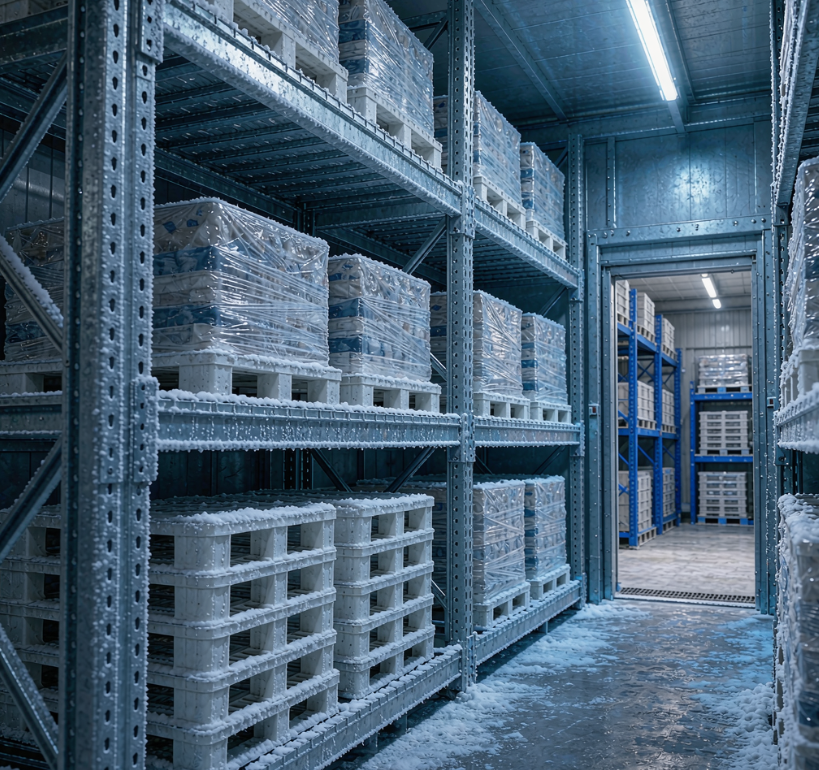 Cold storage racking coating comparison by temperature zone - galvanized vs powder coated pallet racking in freezer warehouse
