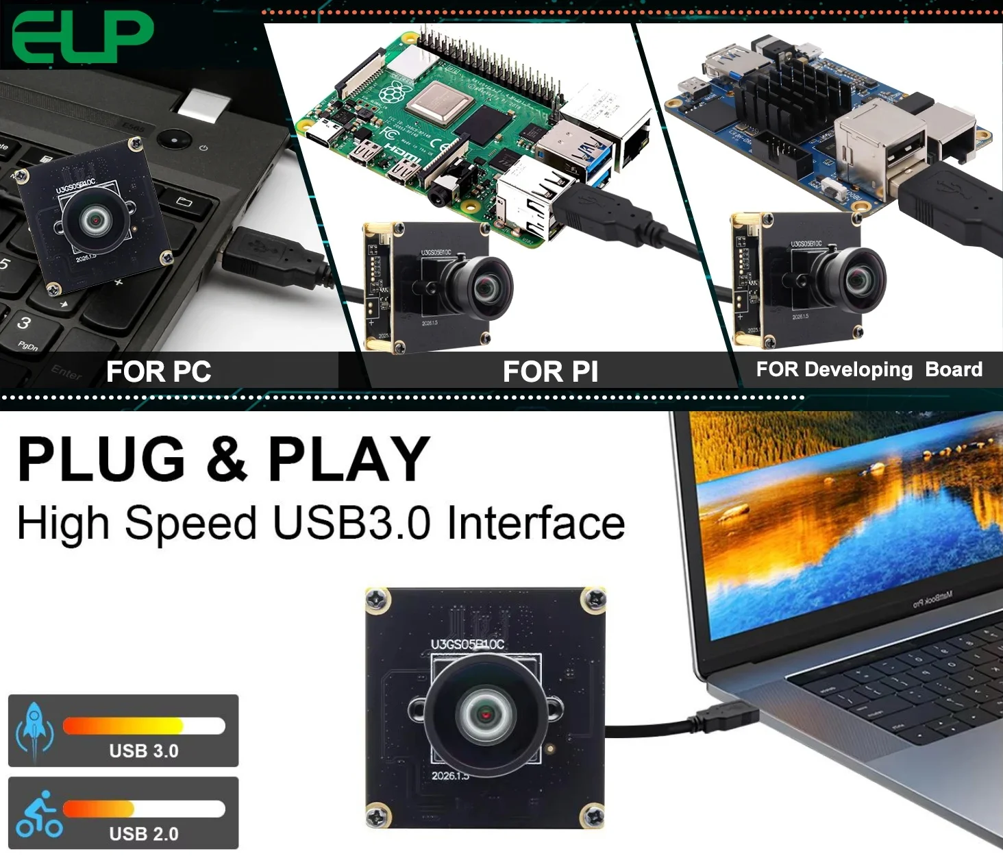 ELP 5MP Global Shutter USB3.0 Camera Module No Distortion Lens OG05B10 ...