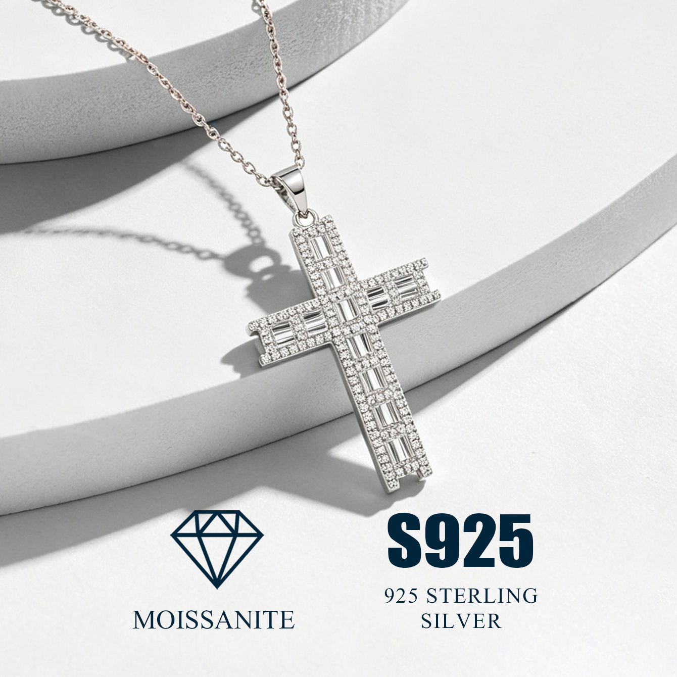 925 Sterling Silver Moissanite Cross Pendant Necklace