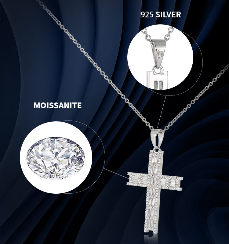 925 Sterling Silver Moissanite Cross Pendant Necklace