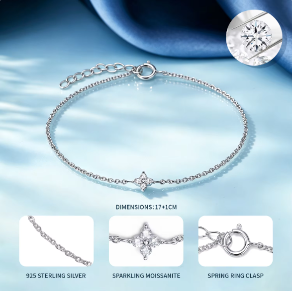 Fashion Moissanite Flower Charm Bracelet 925 Sterling Silver