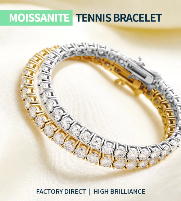 Custom Moissanite Tennis Bracelet, 3–5mm VVS Lab-Grown Moissanite, Rhodium & Palladium-Plated Brass