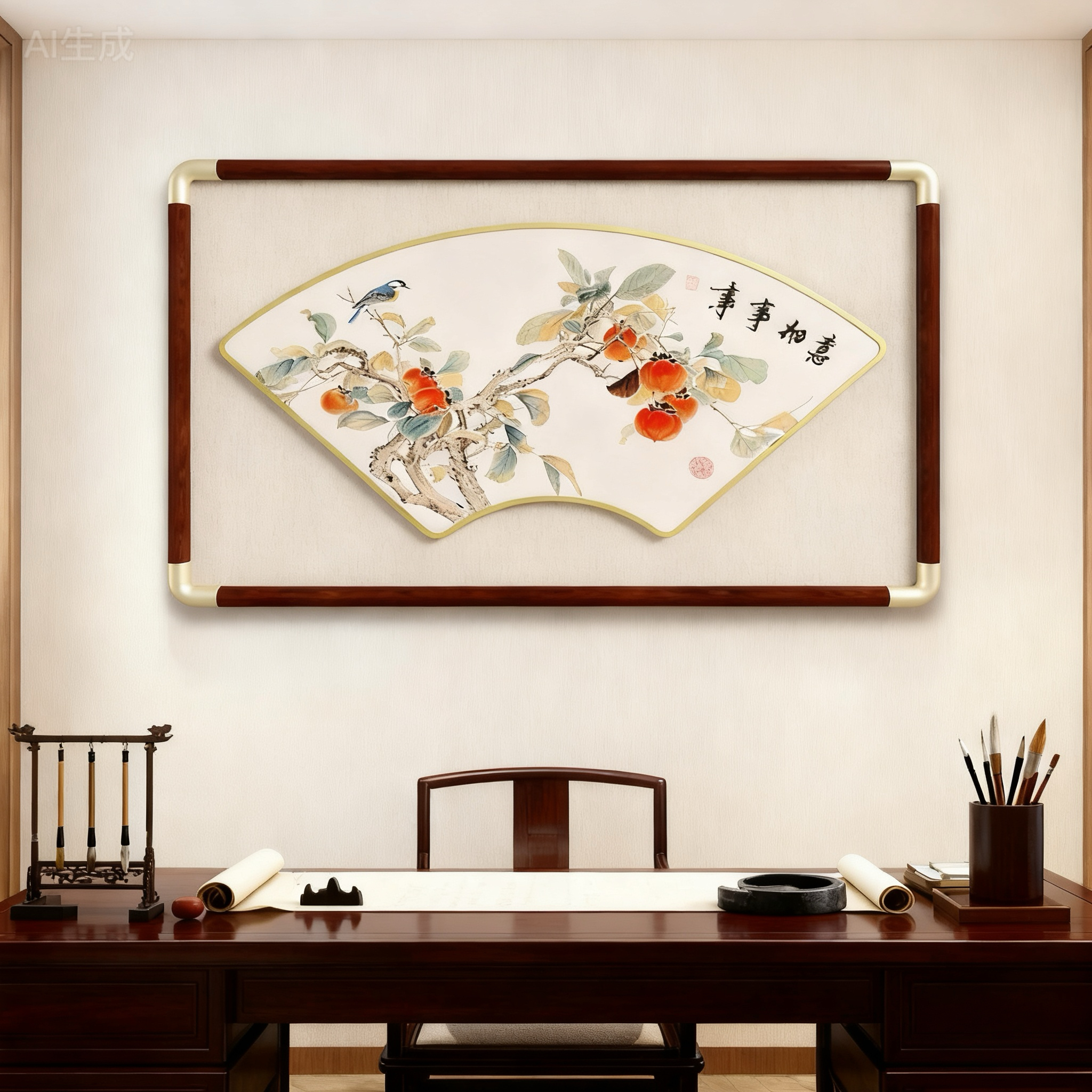 新中式家居美學新風尚：扇形“事事如意”掛畫點亮書房文化空間