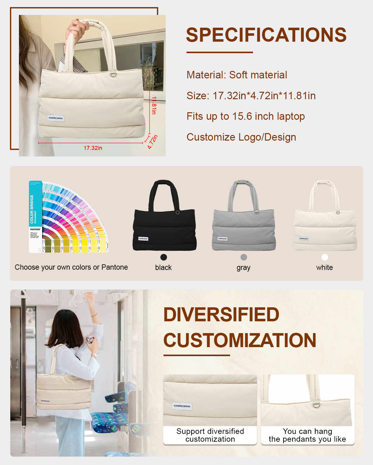 Large Women Custom Nylon Puffer Tote Bag