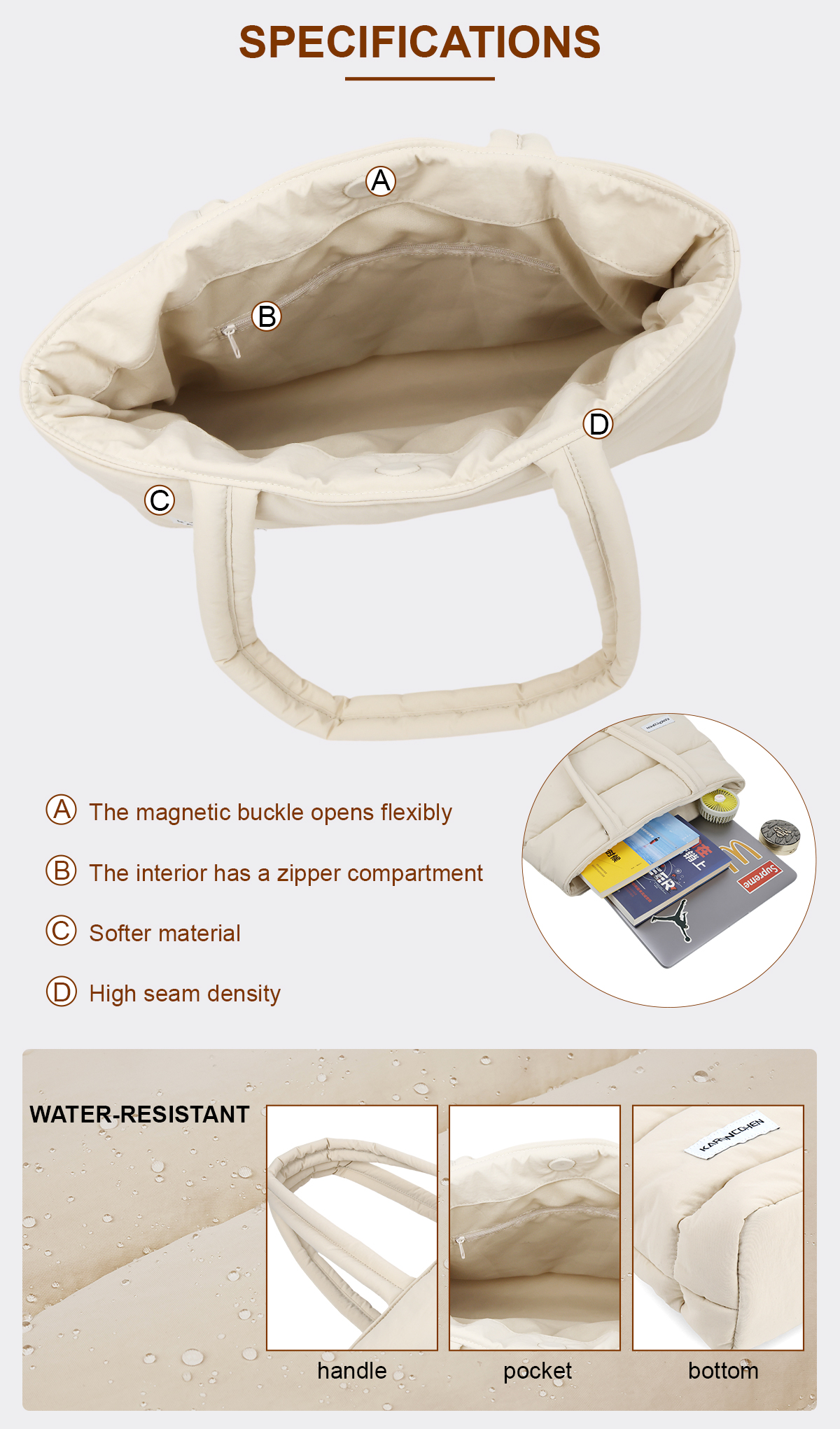 Large Women Custom Nylon Puffer Tote Bag