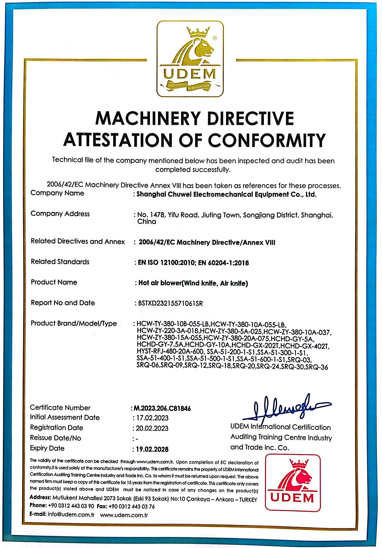 MACHINERY DIRECTIVE ATTESTATION OF CONFORMITY