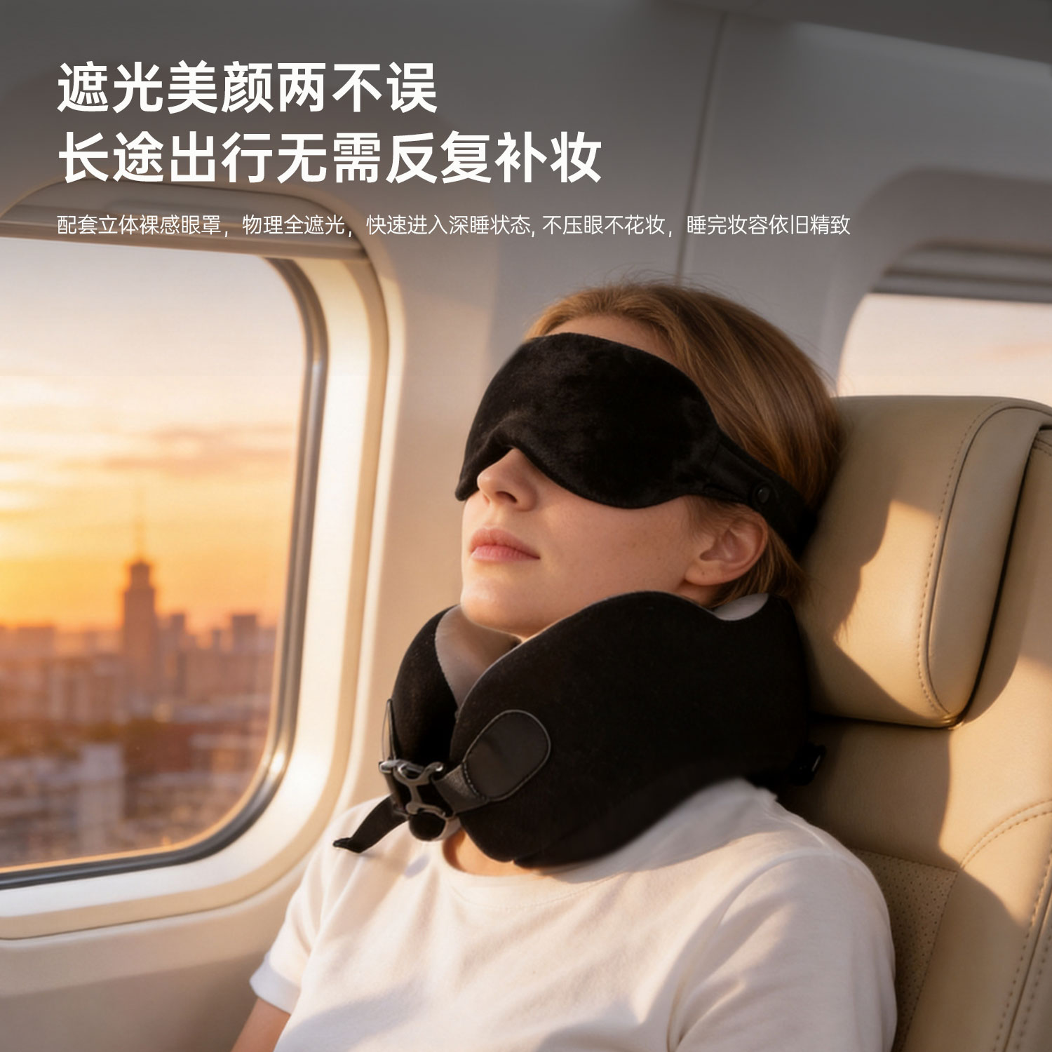 跨境收纳 u型枕观光枕绑带套装竟仨眼罩影象棉便携护颈椎护脖竟仨